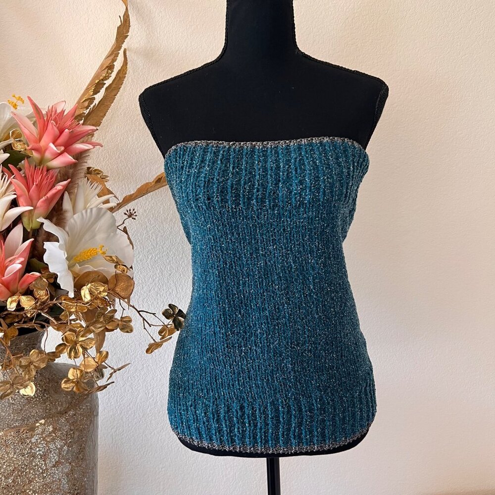 Y2K Glitter Knit Teal Aqua Blue and Silver Fitted Tube Top / Mini Skirt One Size